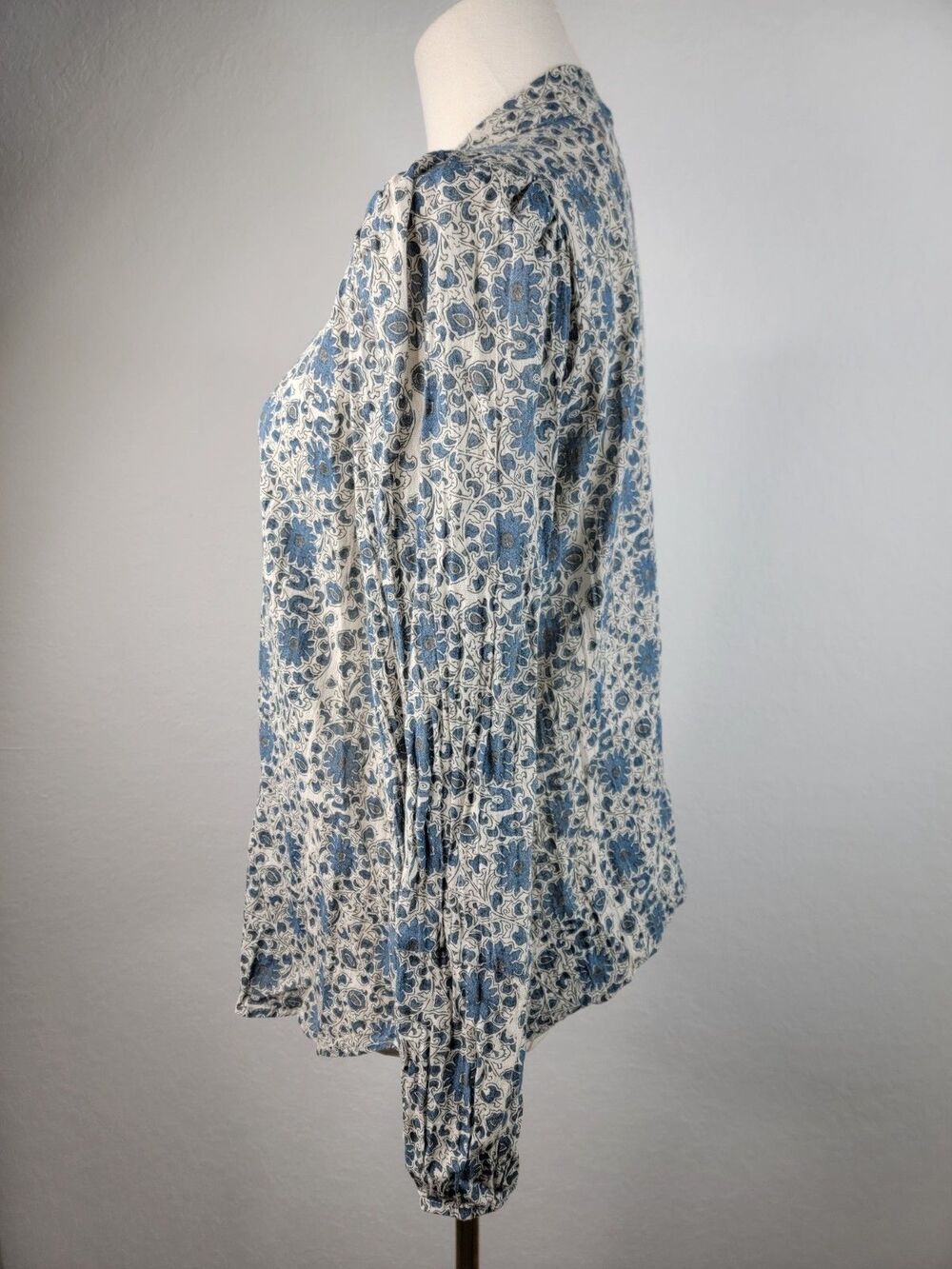 Pietsie Atlin Boho Blouse Top Womens size M 100% Cotton Blue Floral Band Collar - Picture 4 of 17